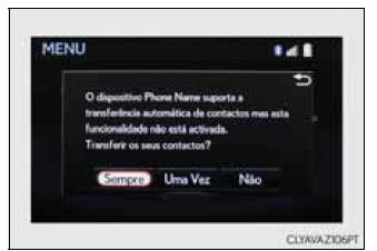 Para um telefone com Bluetooth compatível com PBAP e cuja função "Transferência automática" esteja desligada.