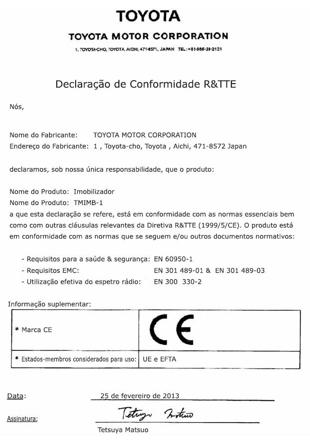 Certificado do sistema imobilizador