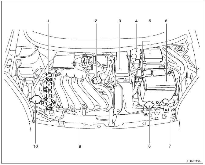 Locais de verifi cação do compartimento do motor 1.6 L (HR16DE)